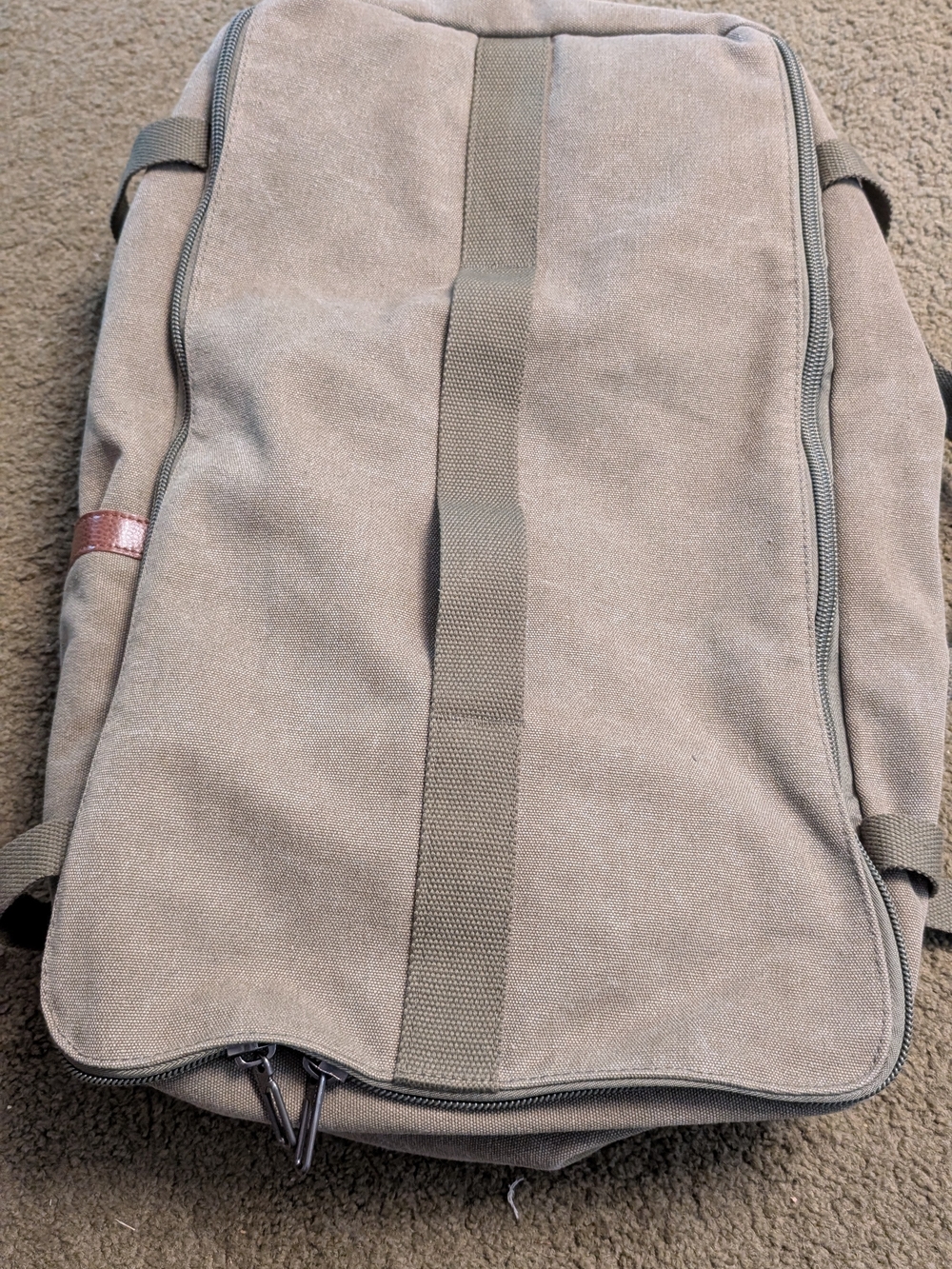 Canvas Travel Backpack in Khaki with Leather Accents - Picture 2 of 13